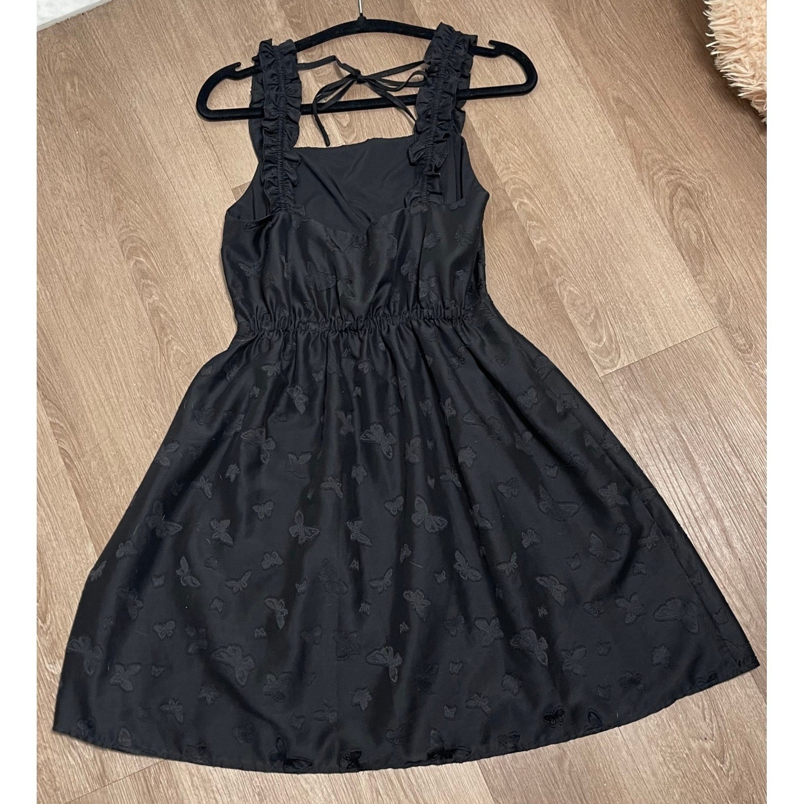 Madewell Black Ruffle Strap Tie-Back Mini Dress Size Small Fit & Flare Feminine