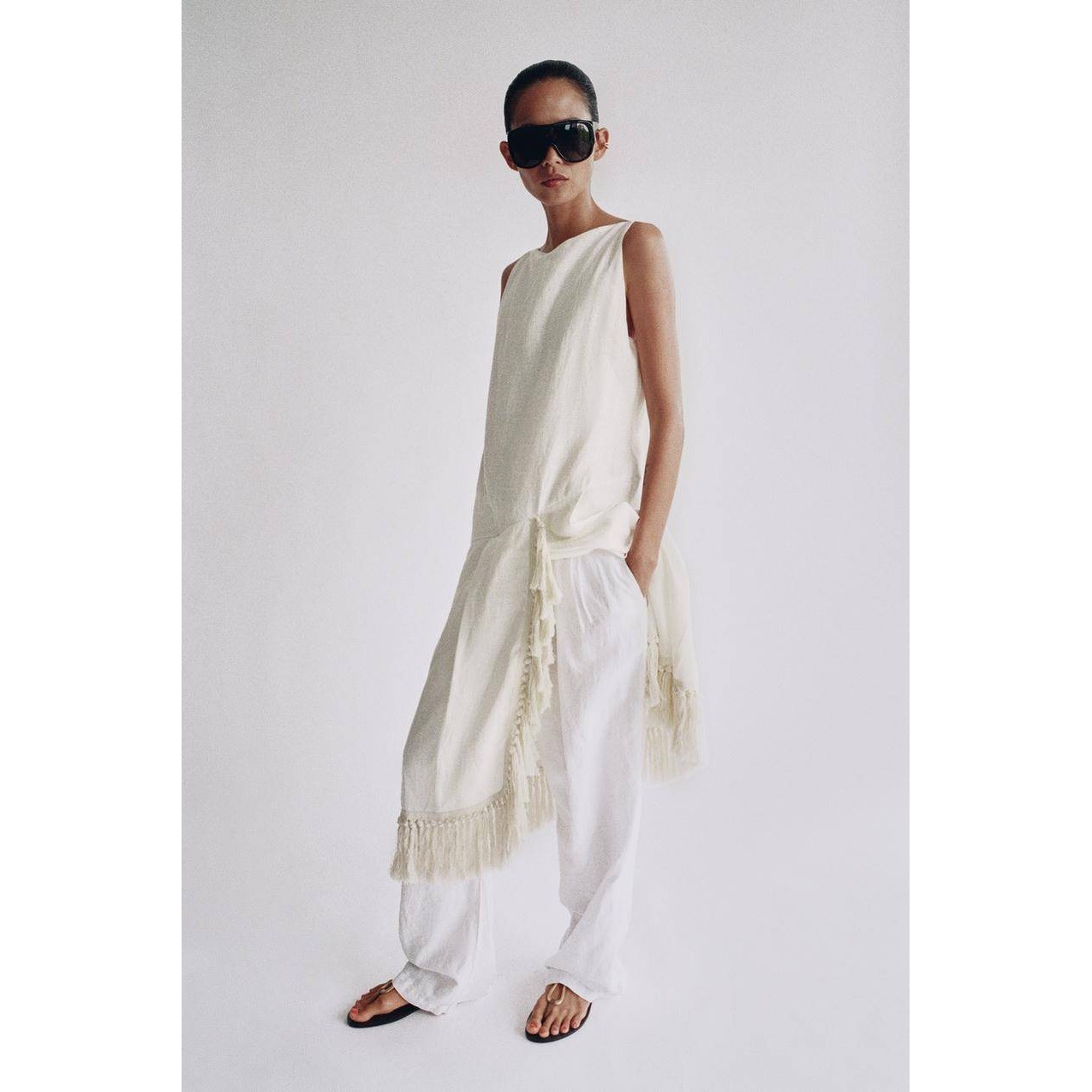 NWT Zara ZW Collection White 100% Linen Fringe Midi Dress Asymmetrical | Size XS