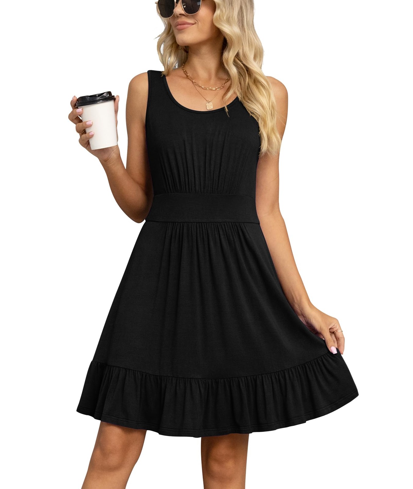 Women’s Casual Pleated Beach Dresses (Black, Large)