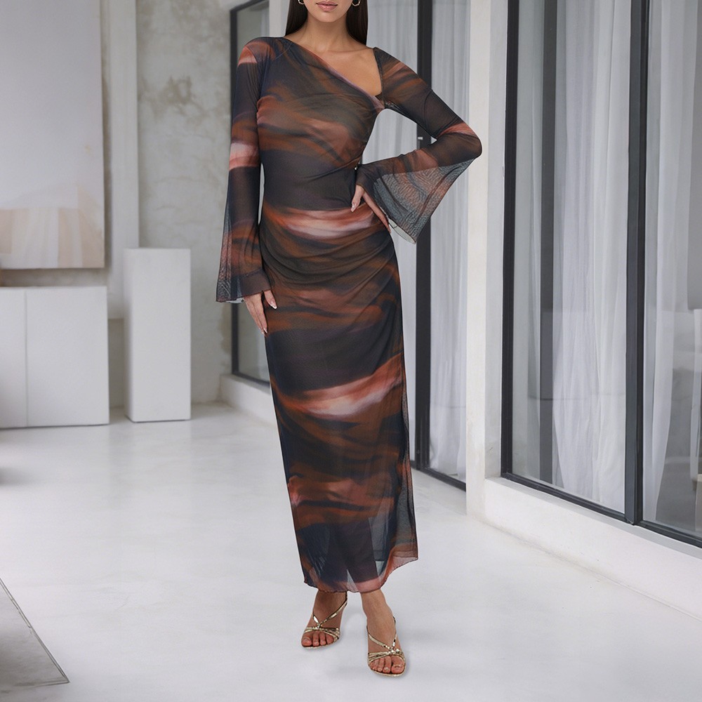 Women’s Cold Shoulder Sleeve Long Sleeve Ankle-Length Mesh Dress Party Dresses