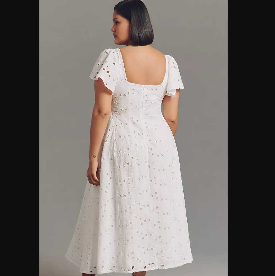 New Plus 3X Extro&Vert from Anthropologie Ada flutter-sleeve Broderie midi dress