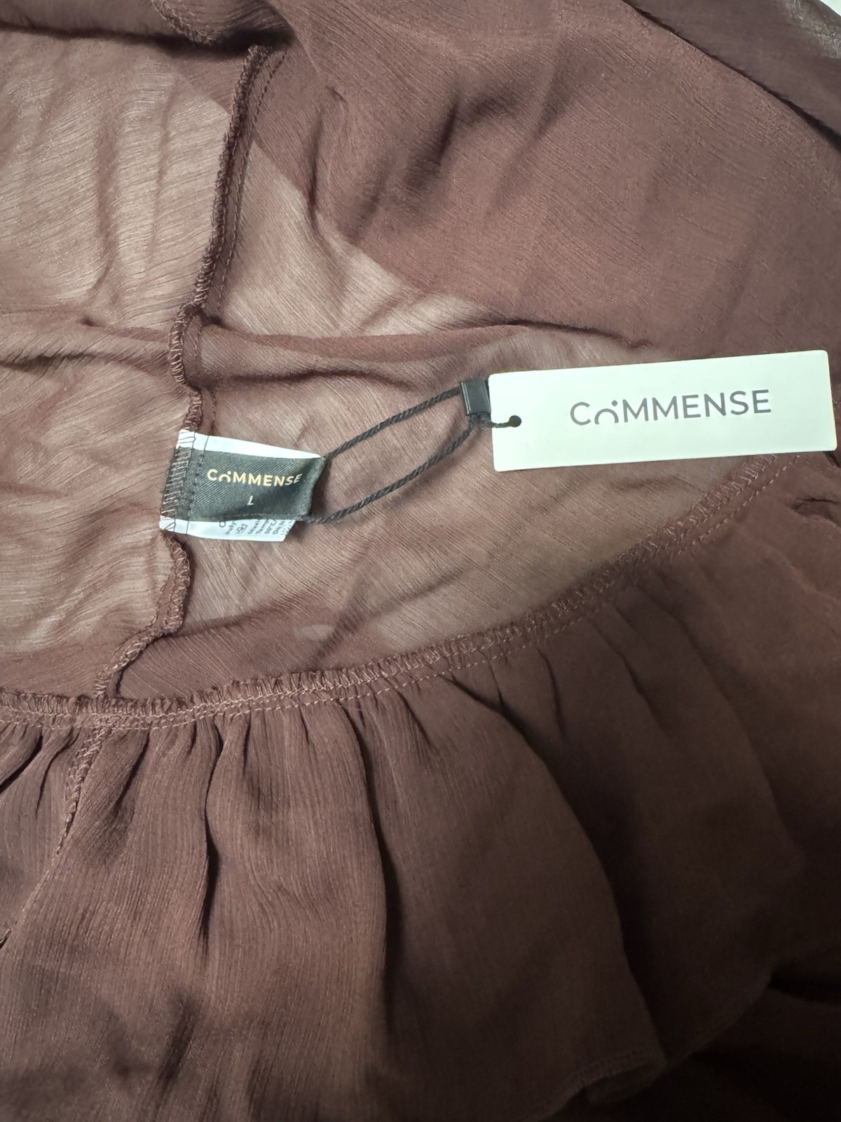 Nwt Commense Brown Semi-Sheer Chiffon Ruffle Dress with Cape Overlay Large
