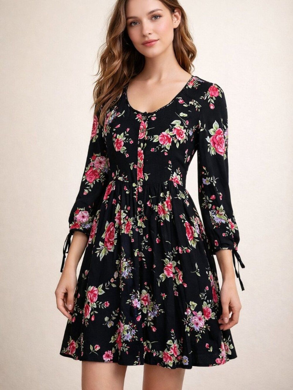 Feathers by Ross NWT Black Pink Rose Floral Button Boho Mini Dress, Size M