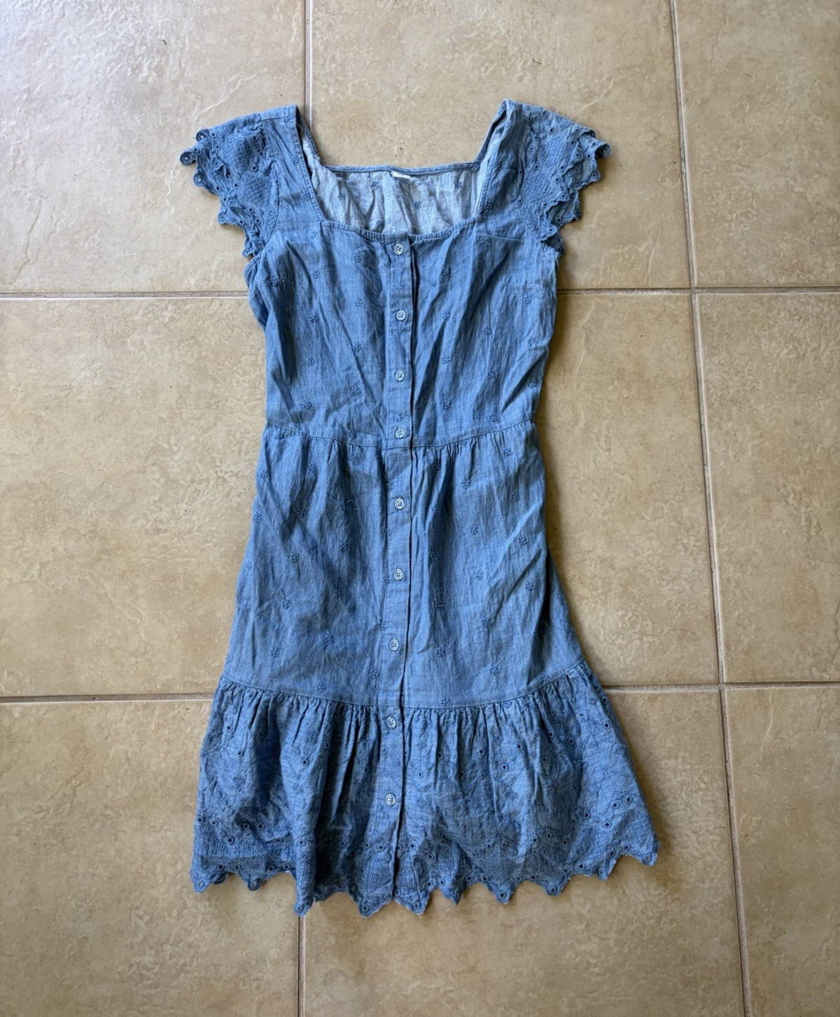 Old Navy Blue Chambray Embroidered Button Front Shift Dress Square Neck XS