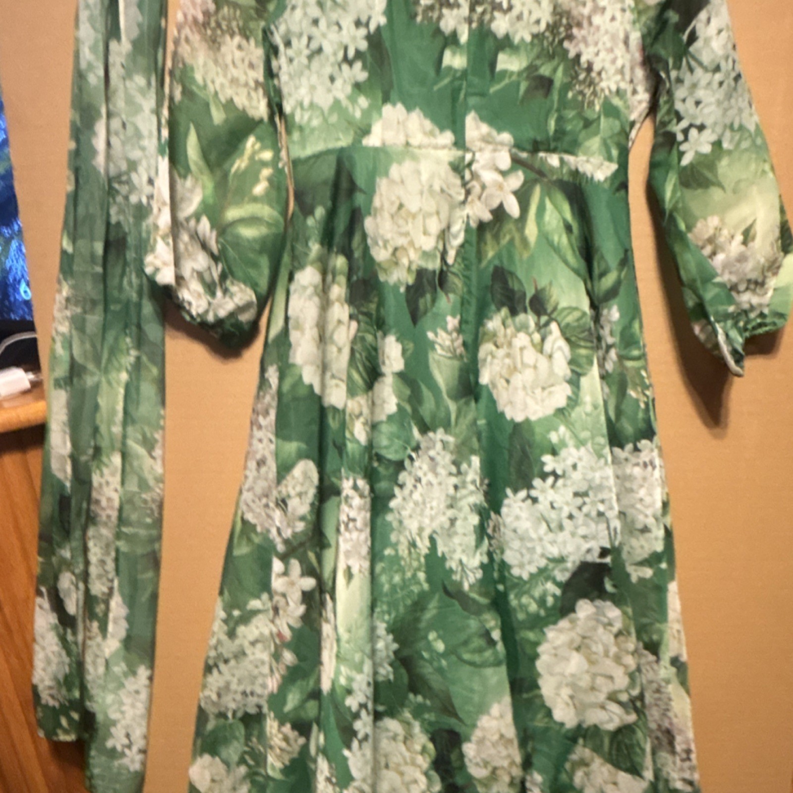 Green White Floral V-Neck A-Line Short Tie Belt 3/4 Sleeve Dress S