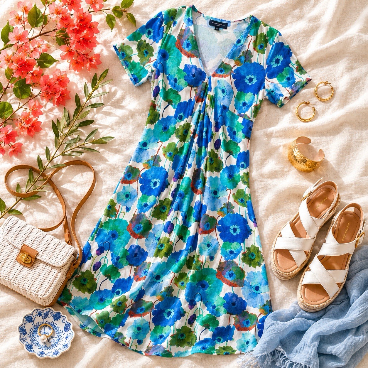 Hilton Hollis NY Floral Midi Dress M Cotton Stretch Blue Green Watercolor