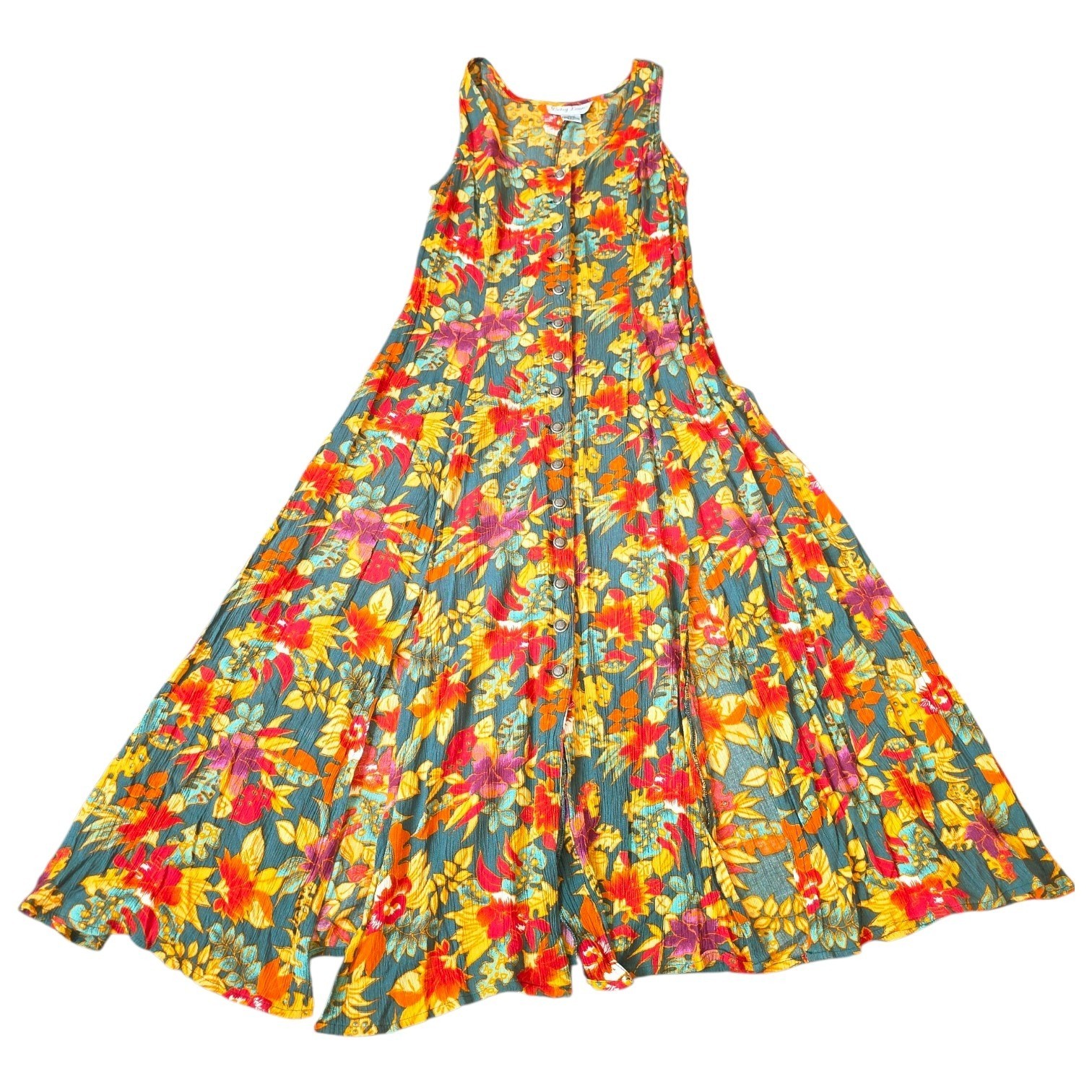 Betsy Lauren 11/12 Vintage 80’s Orange Floral Print Button Down Slits Maxi Dress