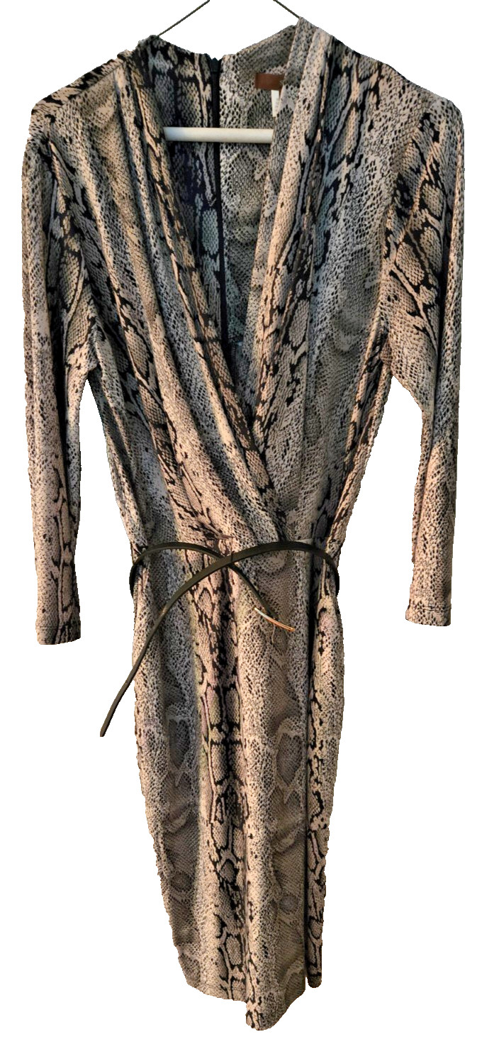 Single LA Women’s Faux Wrap Dress Size L, 3/4 Sleeve, Python, Belt, NWT Made USA