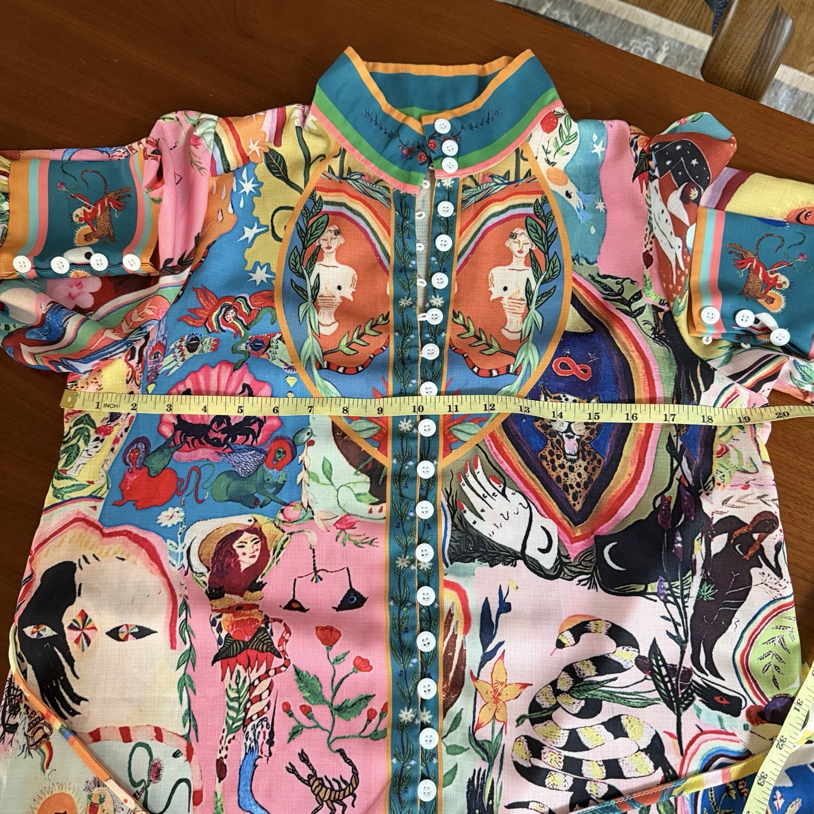 Multicolor Graphic Print Cotton Mini A-Line Long Sleeve Button Front Dress S/M