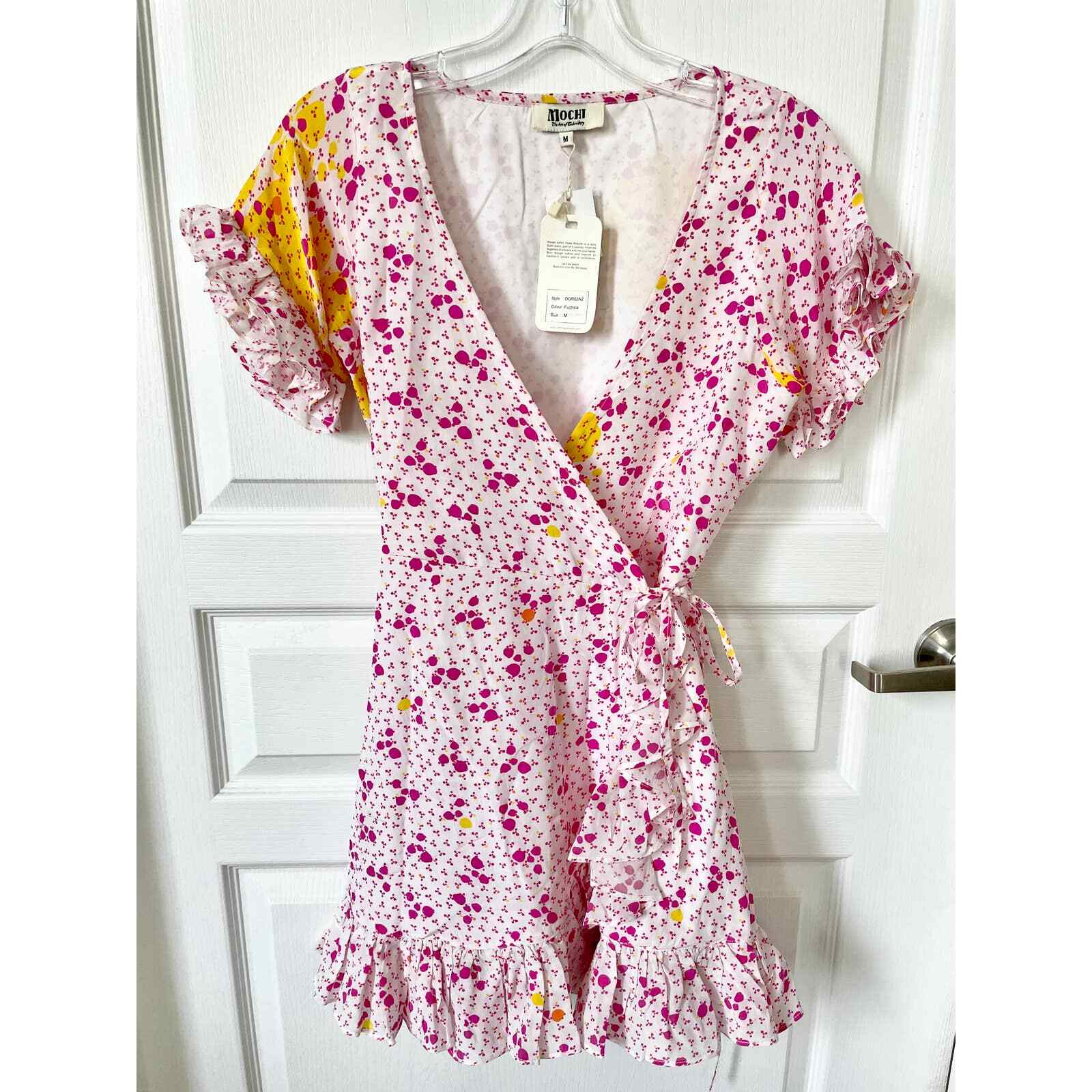 All Things Mochi Dory Mini Wrap Dress Pink Fuchsia Dot Floral Silk Medium