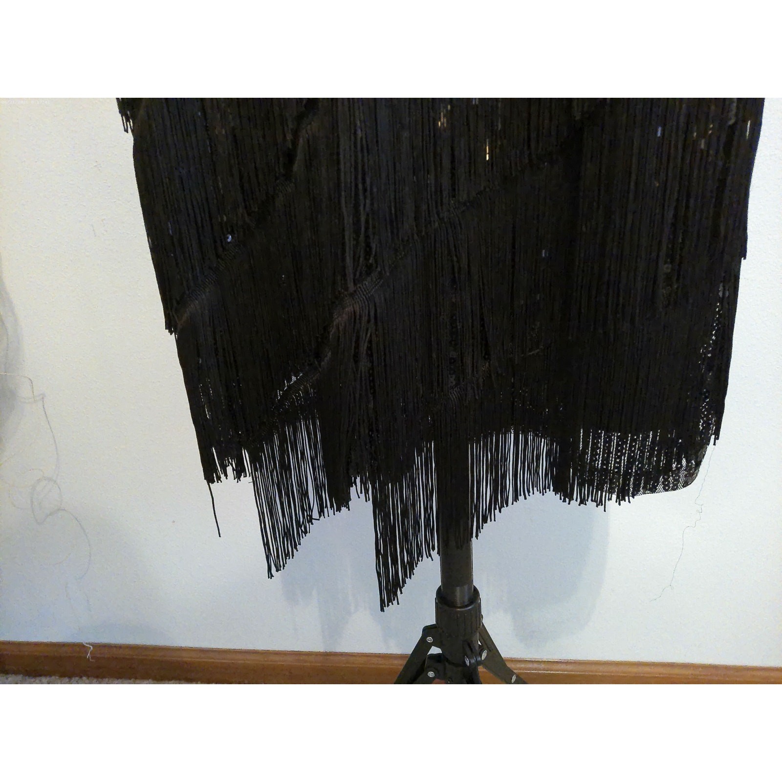 Vintage 1920s Style Black Tiered Fringe Flapper Dress Spaghetti Strap Cocktail