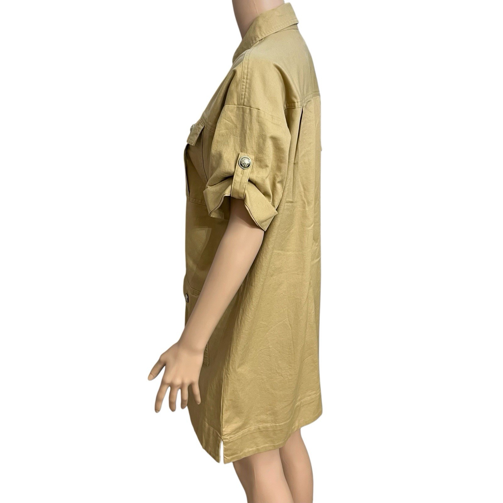 Loft Twill Patch Pocket Mini Dress XS Tan Shift Safari Preppy Military Button