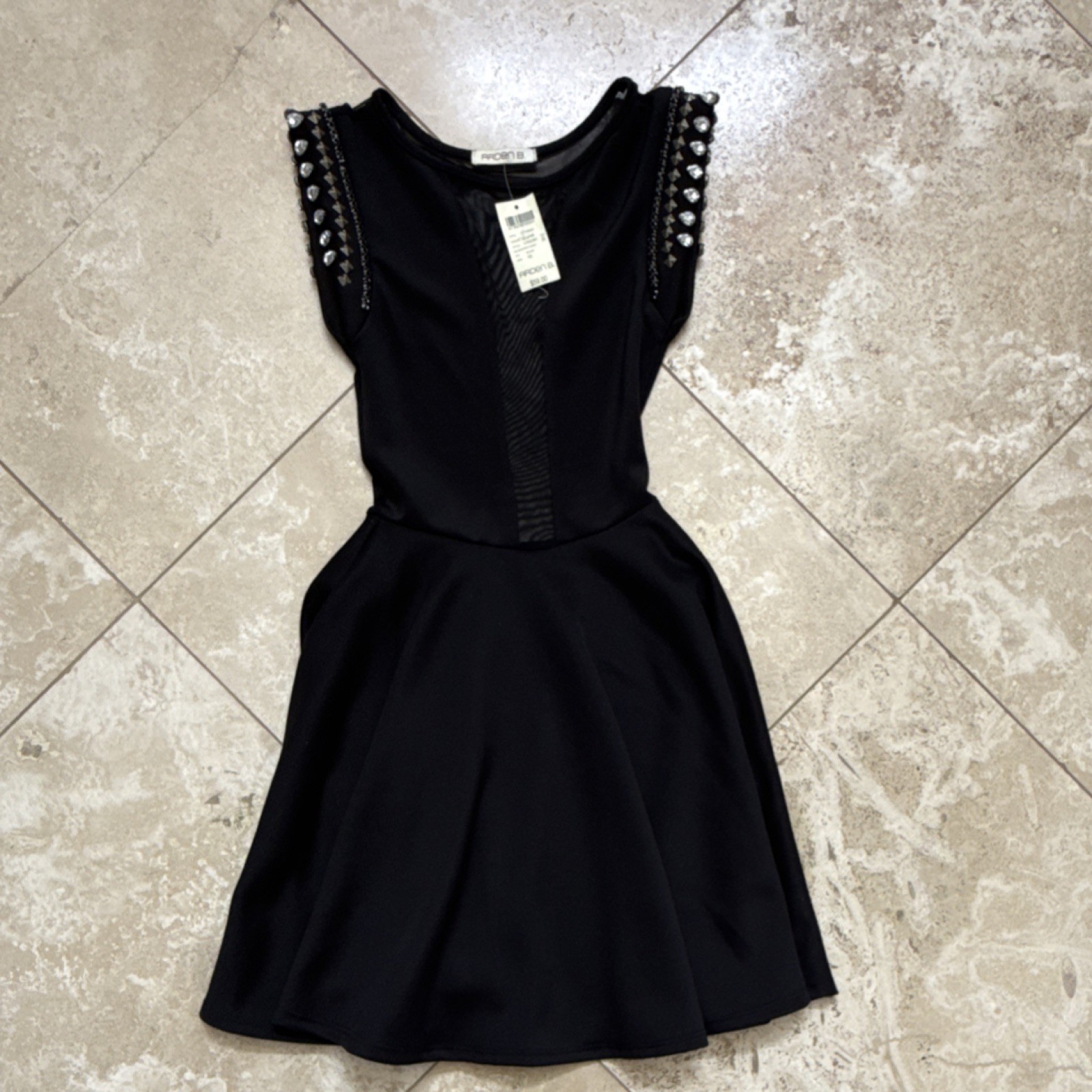 Arden B Fit & Flare Mesh Insert Studded Rhinestone Beaded Dress Black XS