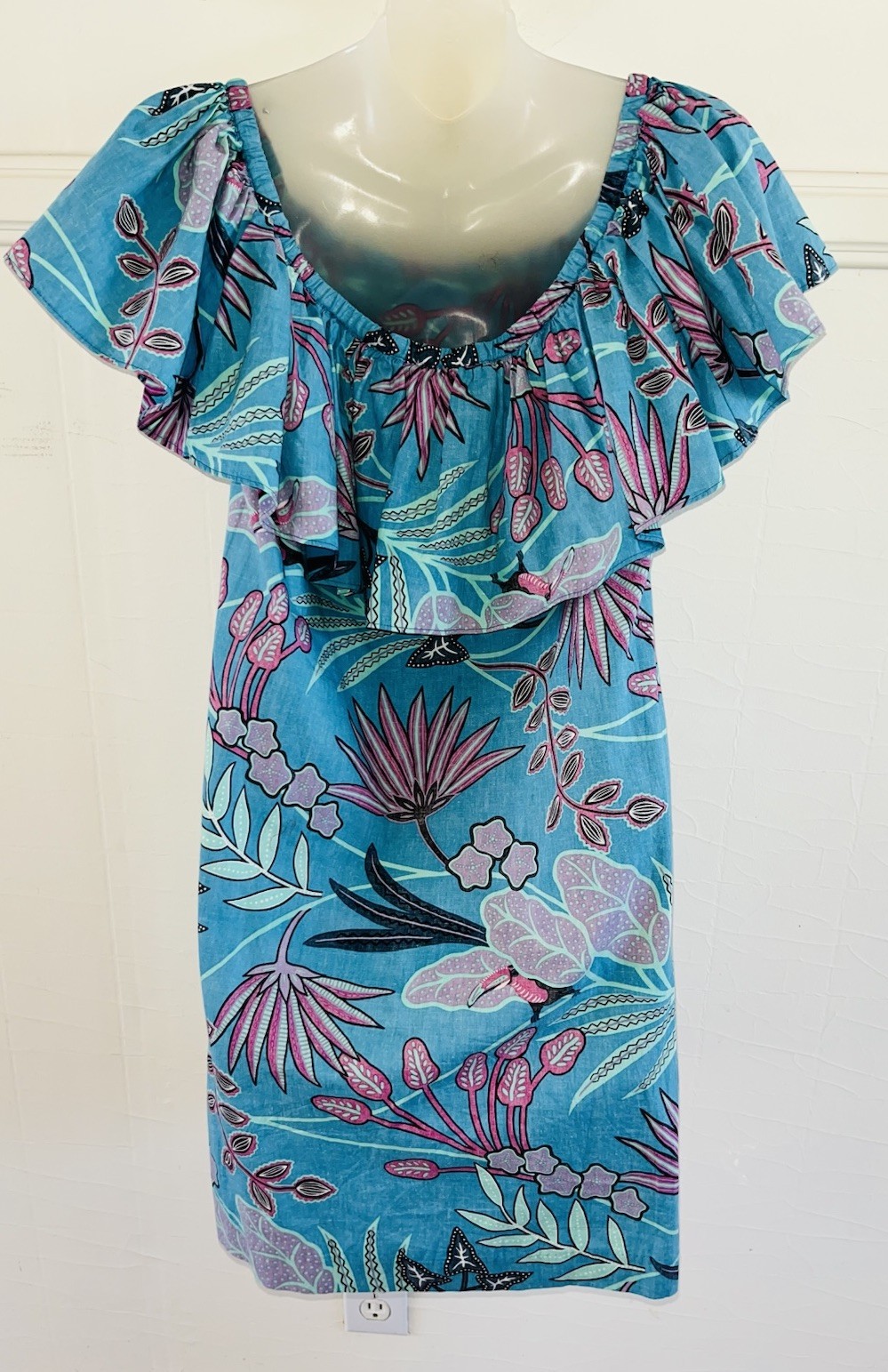 Vtg REYN SPOONER Ruffle Top Reverse Cloth Hawaiian 🌺 Dress Turquoise-Sz Medium