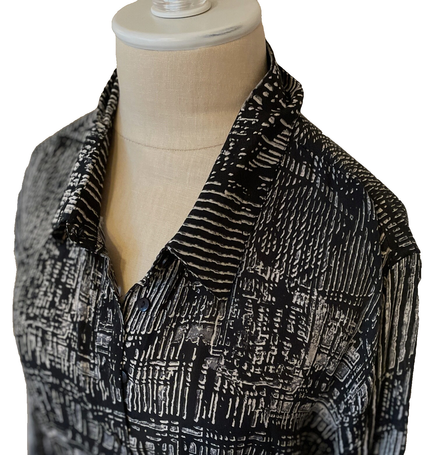 TOLANI Alice Abstract Print Button-Up Collar Pocket Belt Shirt Dress M Coal