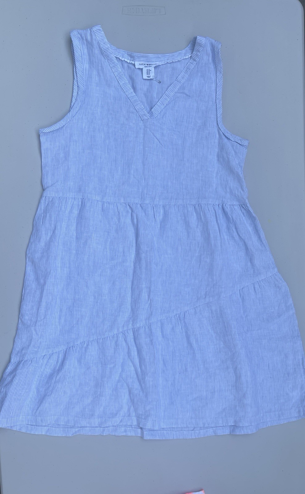 Lucky Brand 100% Linen Blue Pin Striped Coastal Tiered Scandinavian Dress Sz M