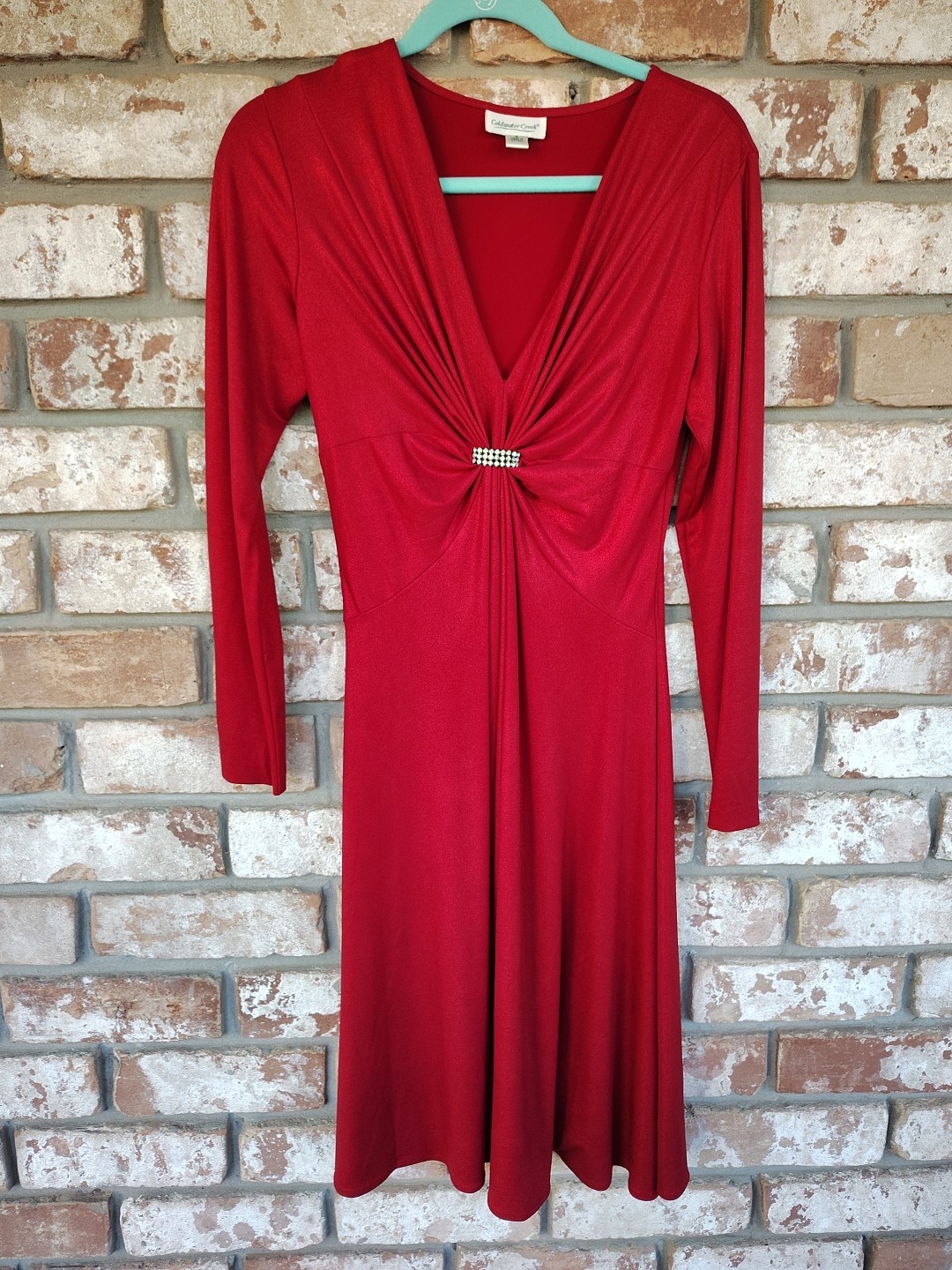 Coldwater Creek Red Shimmer Stretch Knit Ruched Front V-neck Midi Dress 6 Glam