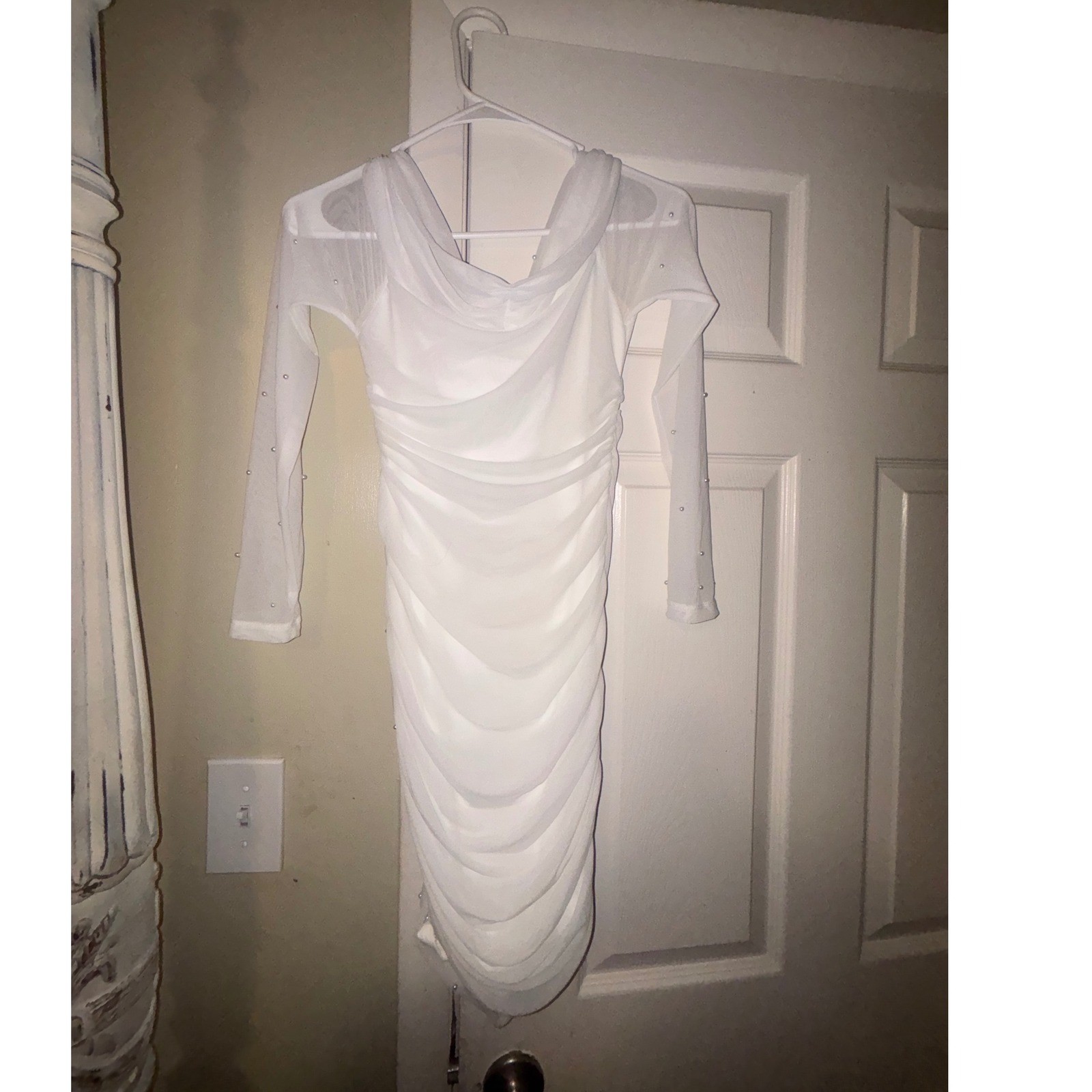 SHEIN White Ruched Pearl Embellish Mesh Long Sleeve Cowl Neck Bodycon Dress S 4