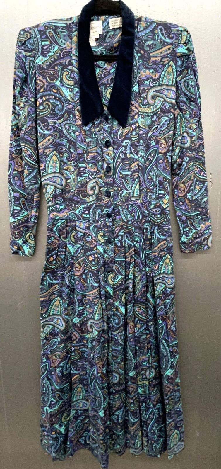 Vtg Dress Size 12 Multicolor Paisley Velvet Collar Retro Whimsy Peasant 80s 90s