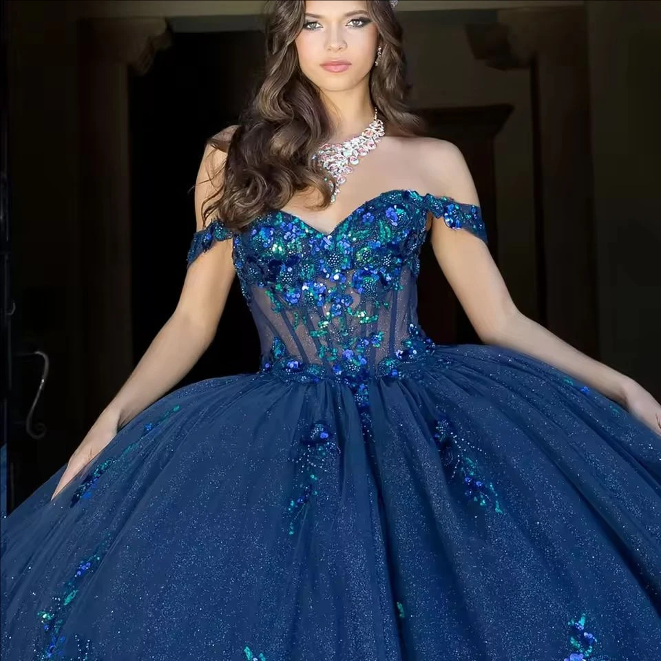 Off Shoulder Navy Glitter Tulle Floral Beaded Quinceanera Sweet15 Gown
