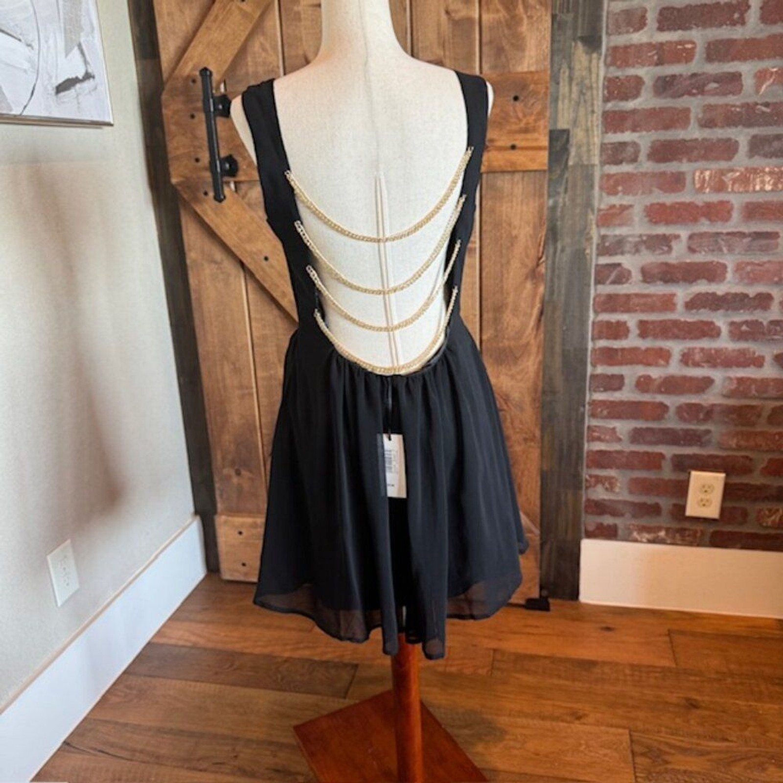 Rare London Black Chain Back Mini Dress Size 10 | Elegant Open Back with Gold Ch