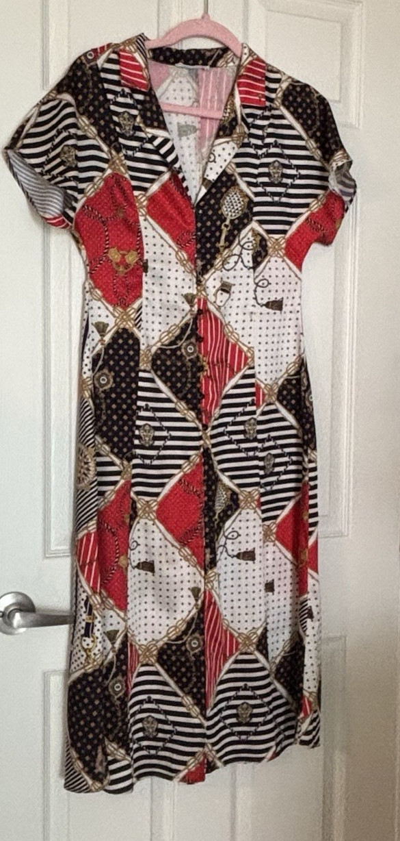MNG Casual Midi Dress Size 4 Nautical Front Buttons Satin Coastal Resort Cruise