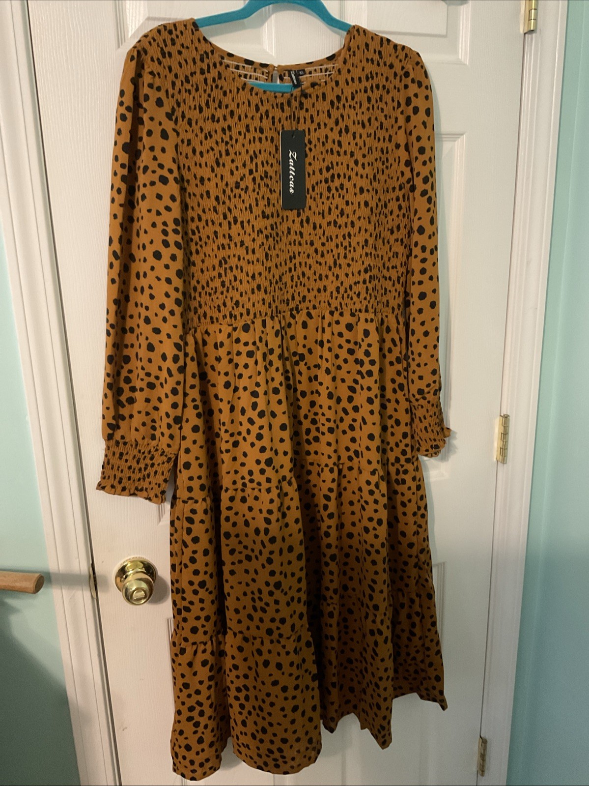 Zattcas Women’s Maxi Tiered Dress Cheetah Print Long Sleeve Size XL