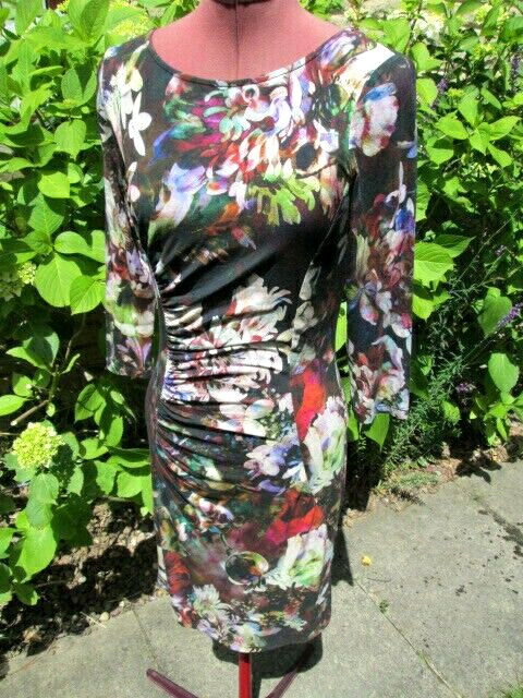 PHASE EIGHT-STRETCH VISCOSE DRAPED WIGGLE DRESS-3/4 SLEEVES-WORN ONCE-UK 8.