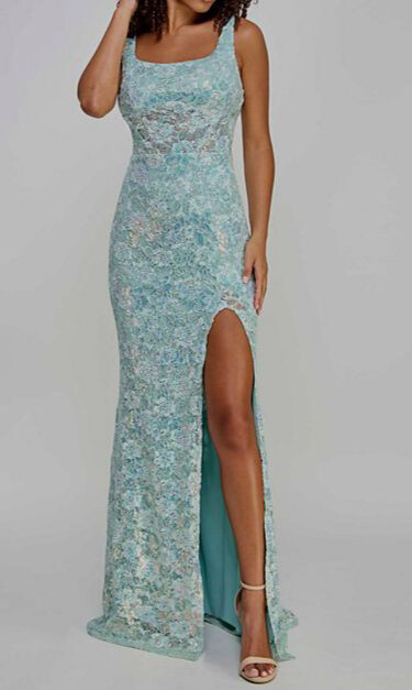 City Studios Women Blue Embellished Lace Square-Neck Gown Dress Juniors Size 7/8