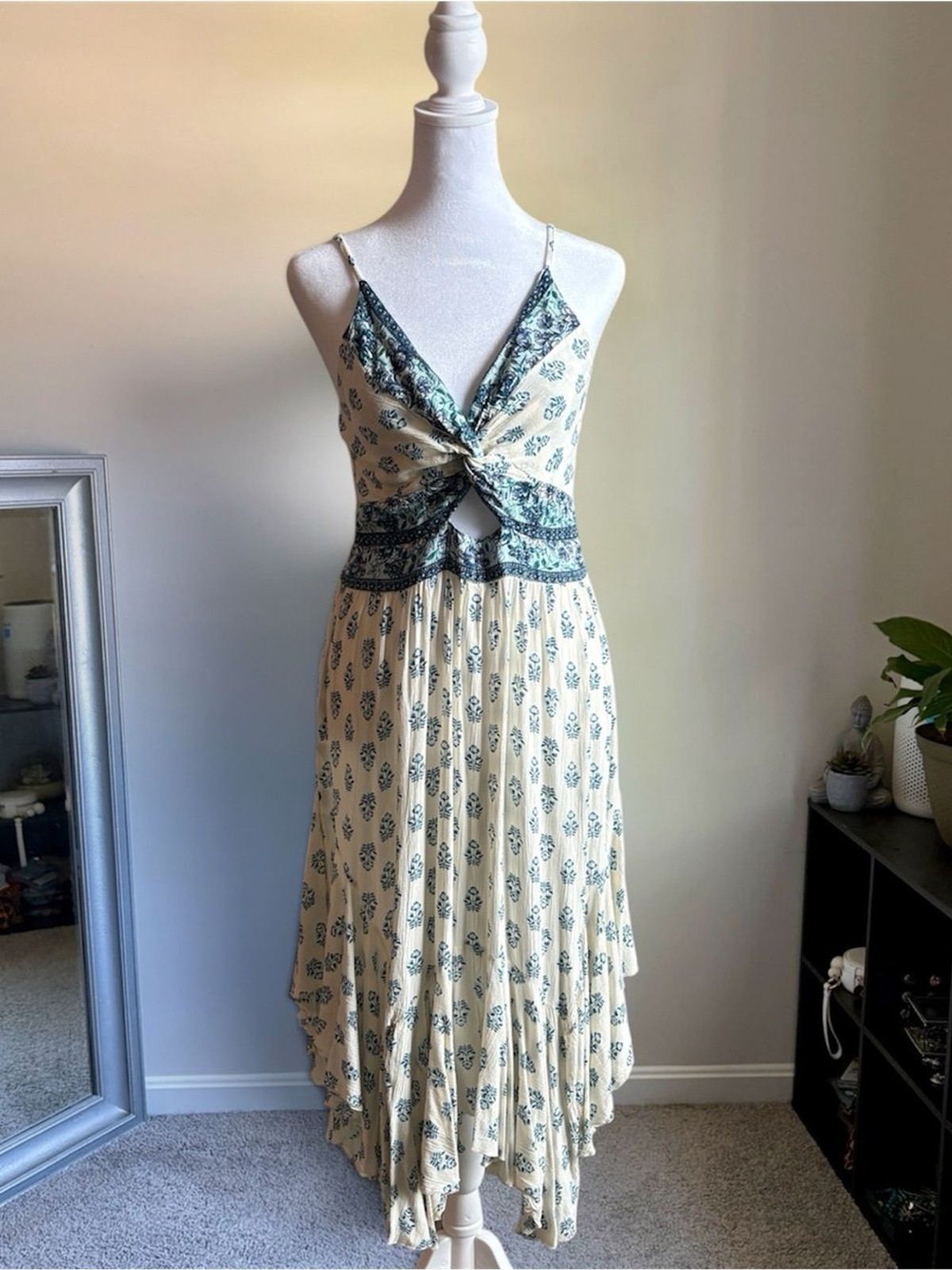 Angie Cream and Teal Twisted High-Low Spaghetti Strap Dress