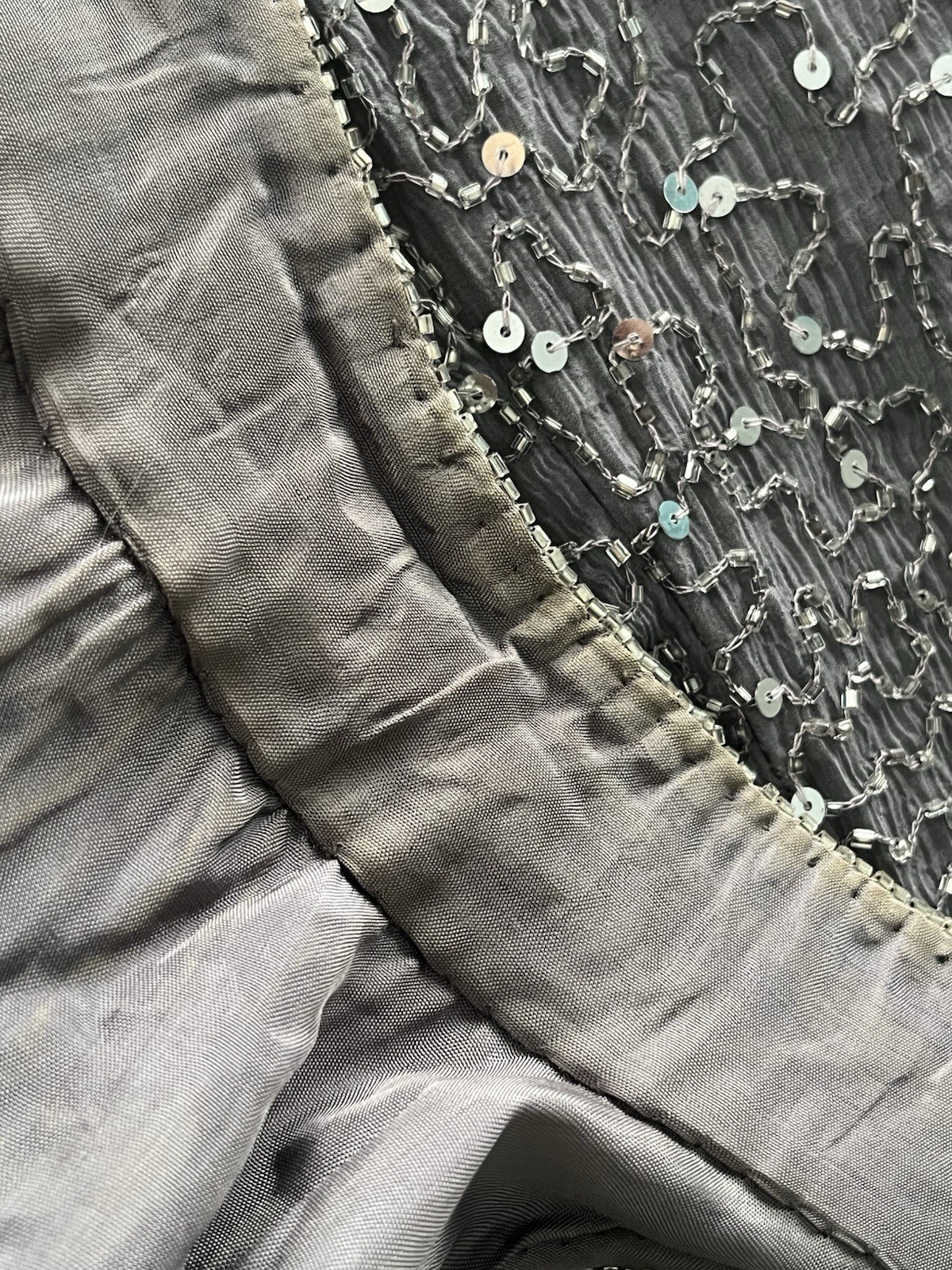 Creative Creations Beaded Silk Gown Dress Gray Sleeveless Long Sz Like S Heavy