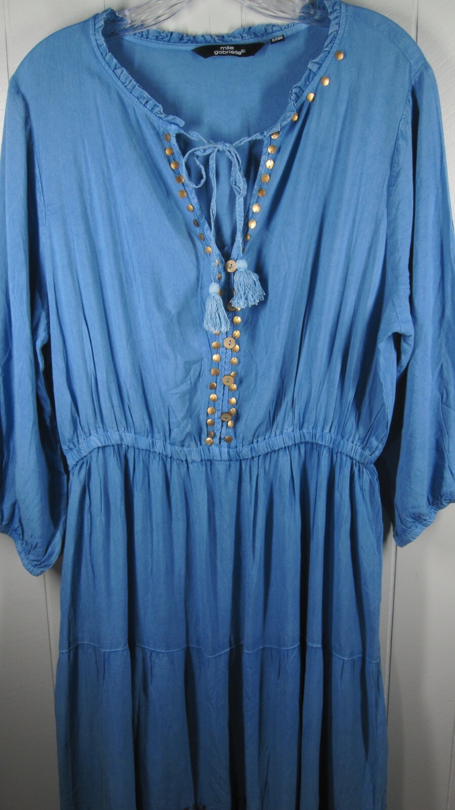 Mile Gabrielle Dress Womens 1X Chambray Maxi Tiered Studded Tassels Western Boho