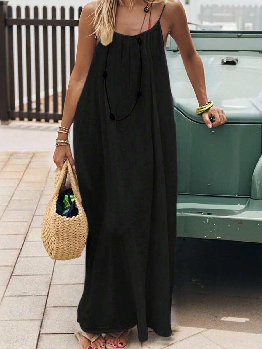 Spaghetti Strap Dress Side Pockets Backless Slit Hem Casual Cami Maxi Long