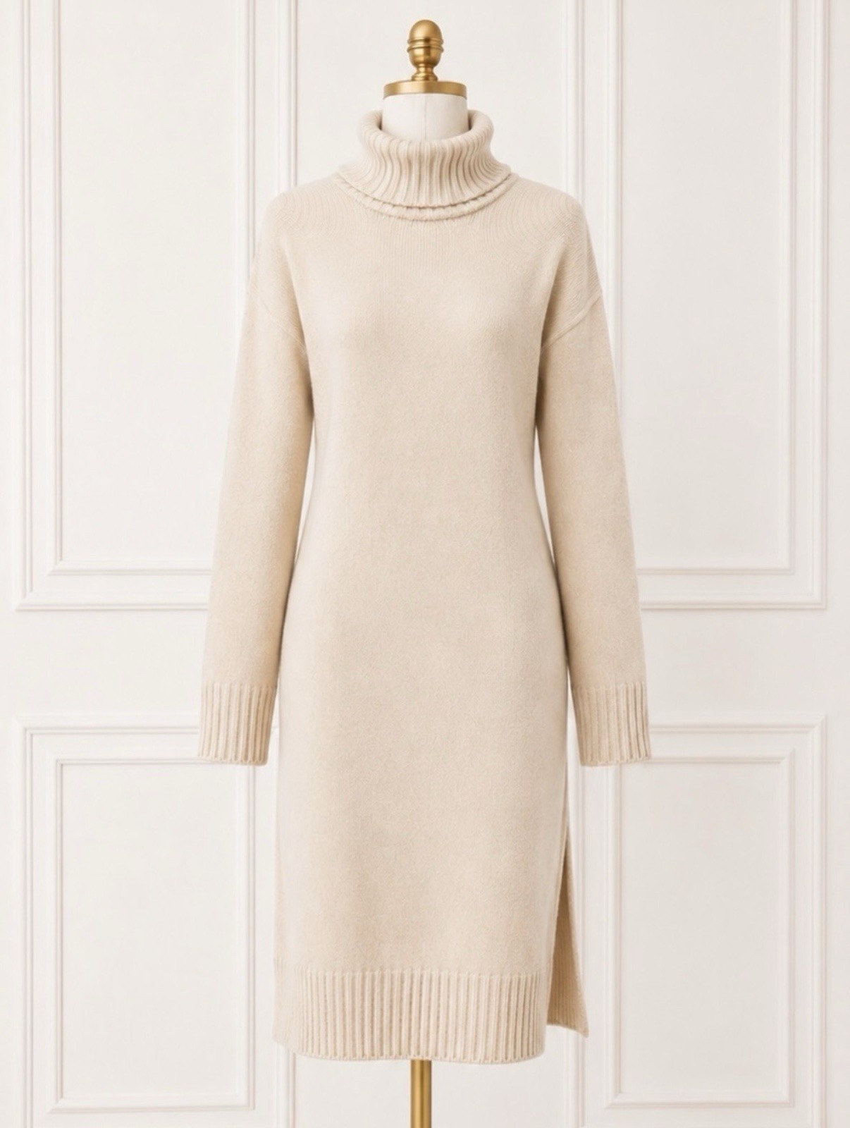 Zenana Oversized Turtleneck Sweater Dress Ivory Side Slit Soft Knit Size L NWT