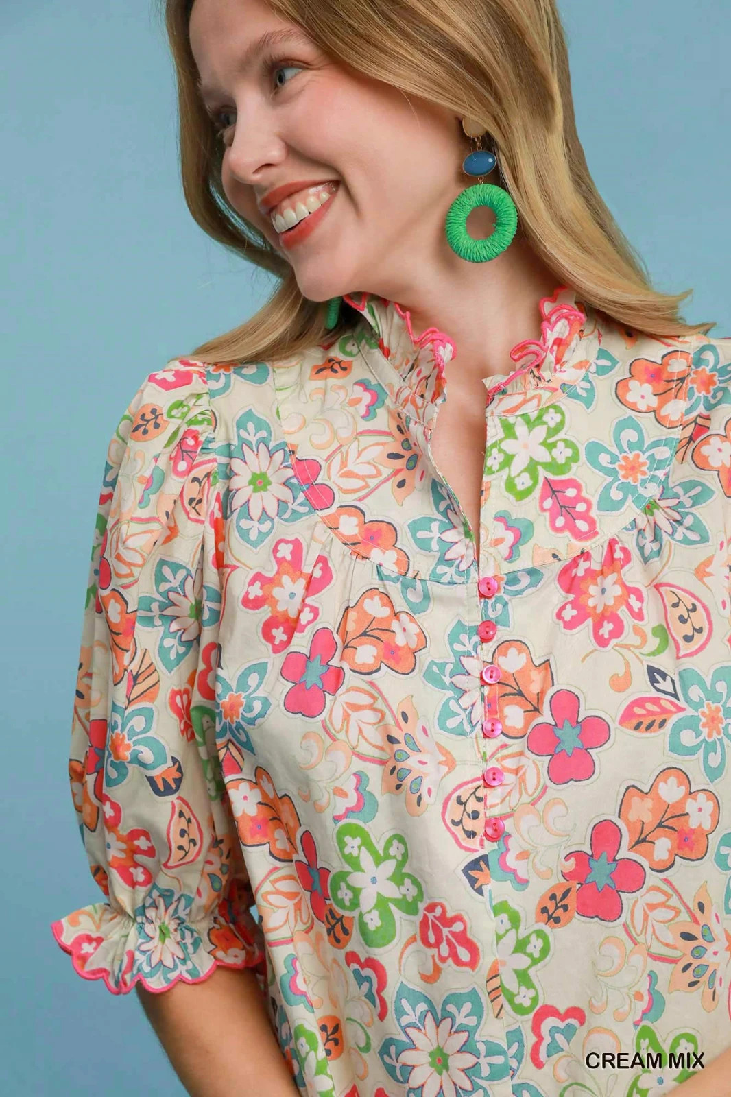 Umgee Multi Color High Neck Round Yoke Button Down Tiered Mini Dress