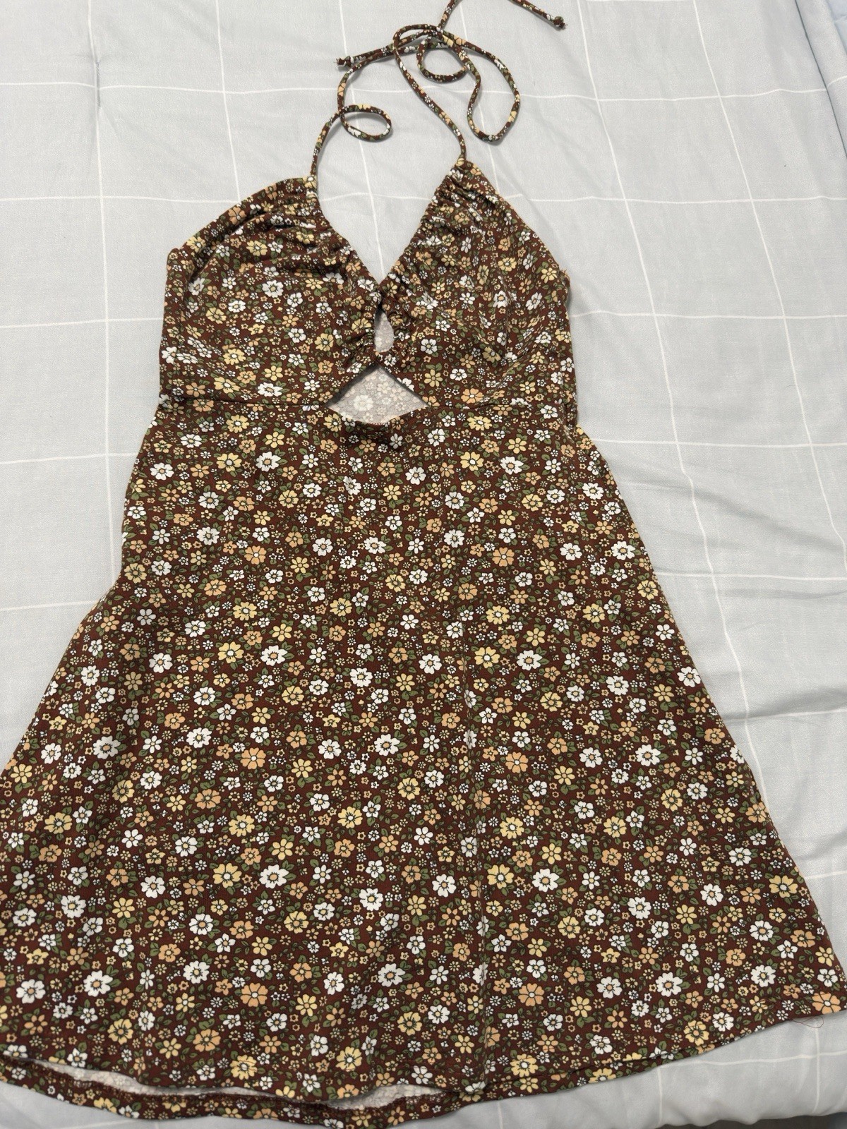 Hollister Brown Floral Mini Halter Tie Cutout Sleeveless Short Dress S