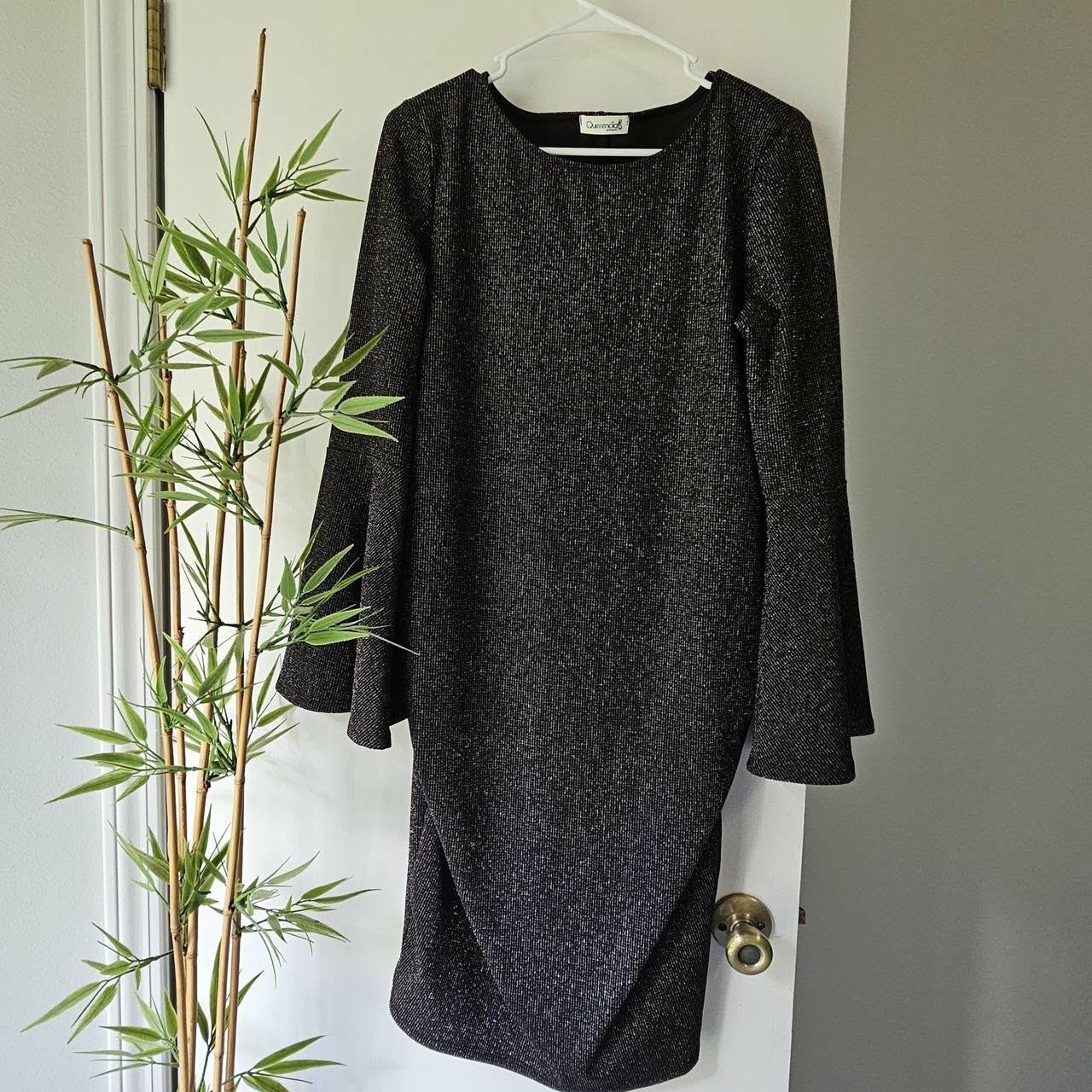 Querencia Black Silver Glitter Knit Sheath Dress L 3/4 Bell Sleeve Knee