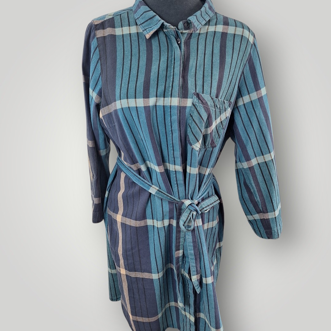 White Stuff Checkmate Shirt Dress Womens 14 Blue Plaid Cotton Belted Mini Tunic