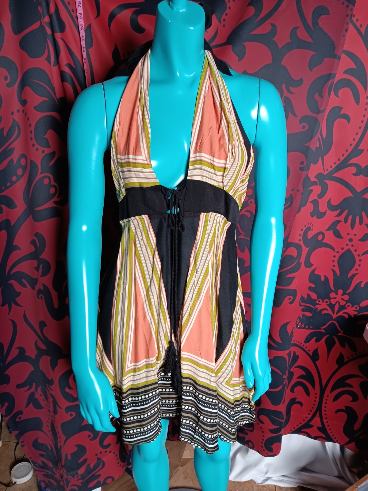 Med Tank Dress Sundress Black And Coral Geometric Tie Top Tassles Western Boho