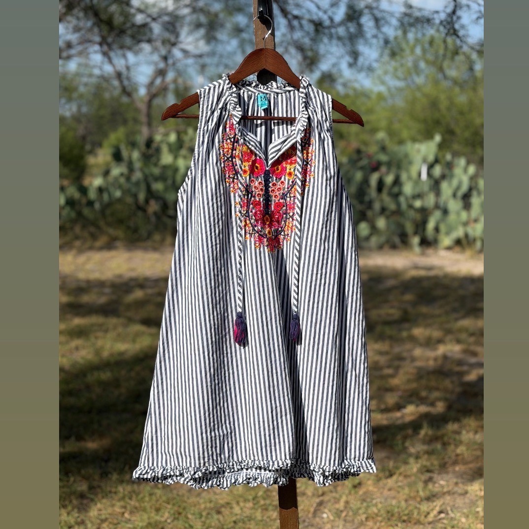 South Main Dress Womens XL Blue White Excellent Embroidered Striped Tassel Boho