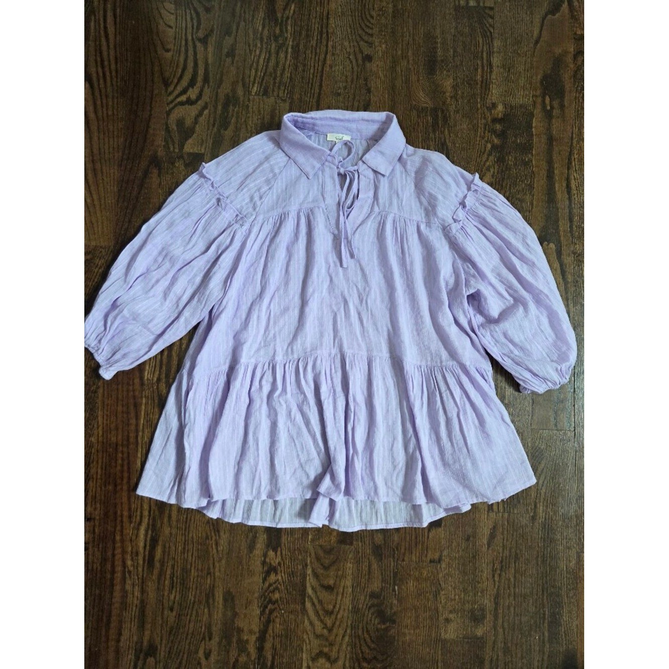 Easel Lavender Gauze Peasant Bohemian Mini Dress / Tunic Top with Tie Neck