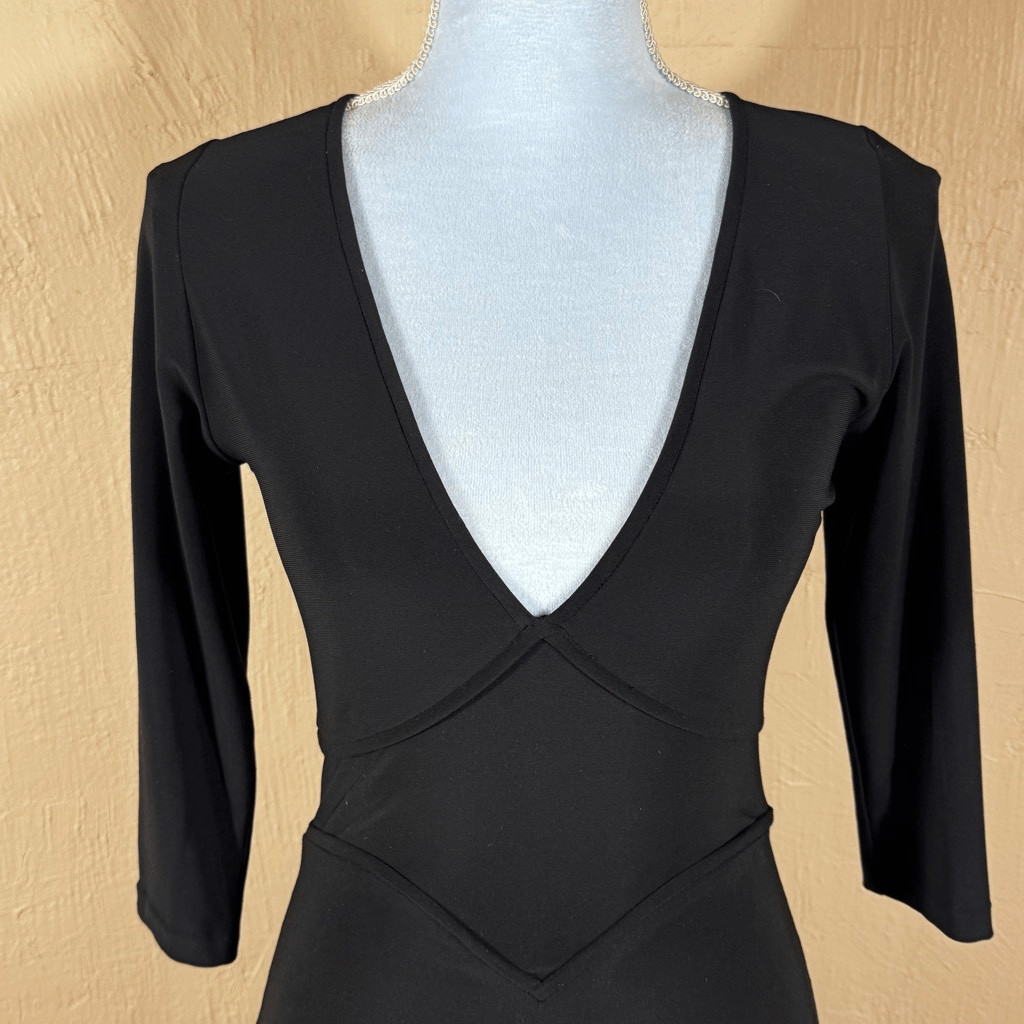 Leona Edmiston Frocks Black V-Neck Midi Dress | Structured Bodice | Wide Waistba