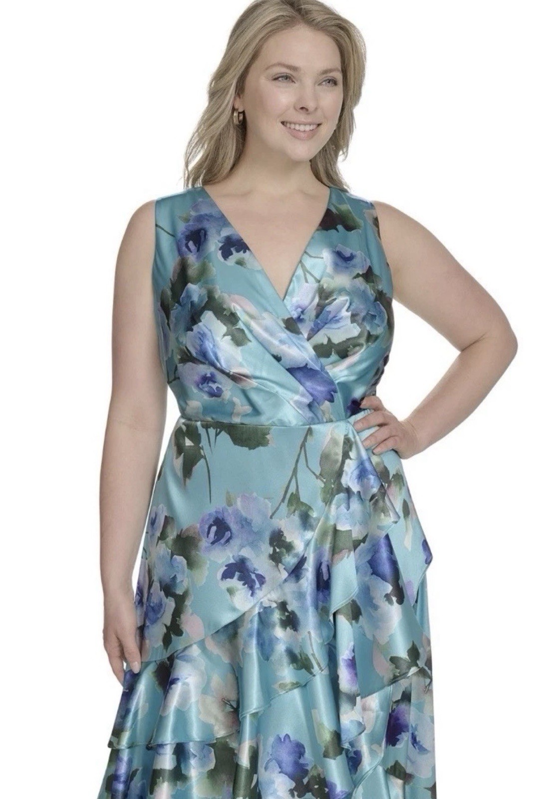 NWT Eliza J Plus aqua floral satin high low ruffle hem surplice bodice dress