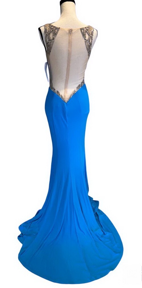 Xcite Turquoise Blue Embellished Beaded Illusion Jersey Gown Size 6 $399 Prom