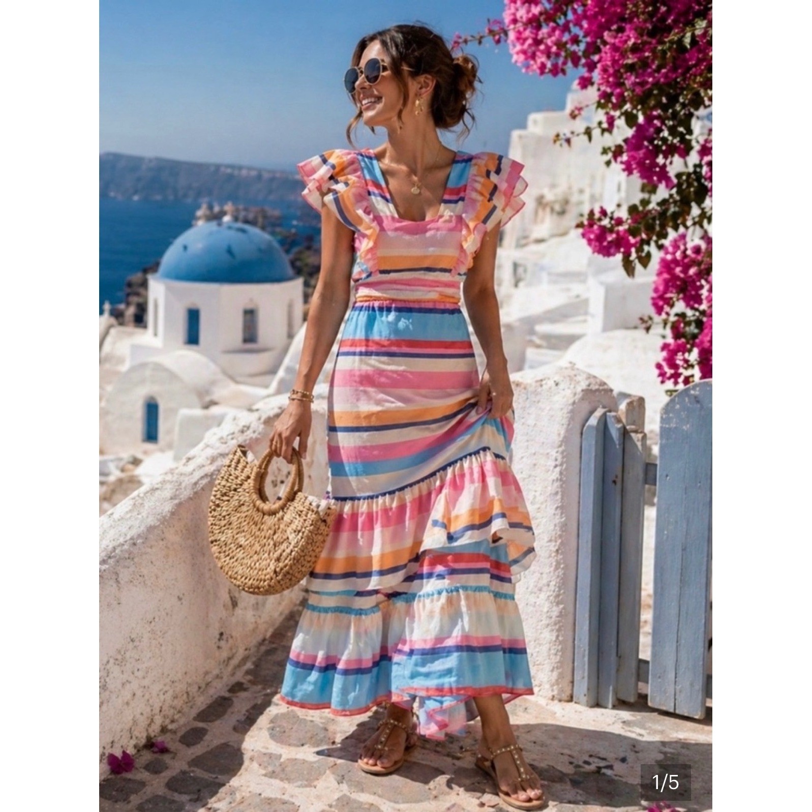 Anthropology Plenty Tracy Reese Dress Medium Pink Stripe Ruffle Maxi Tie Back