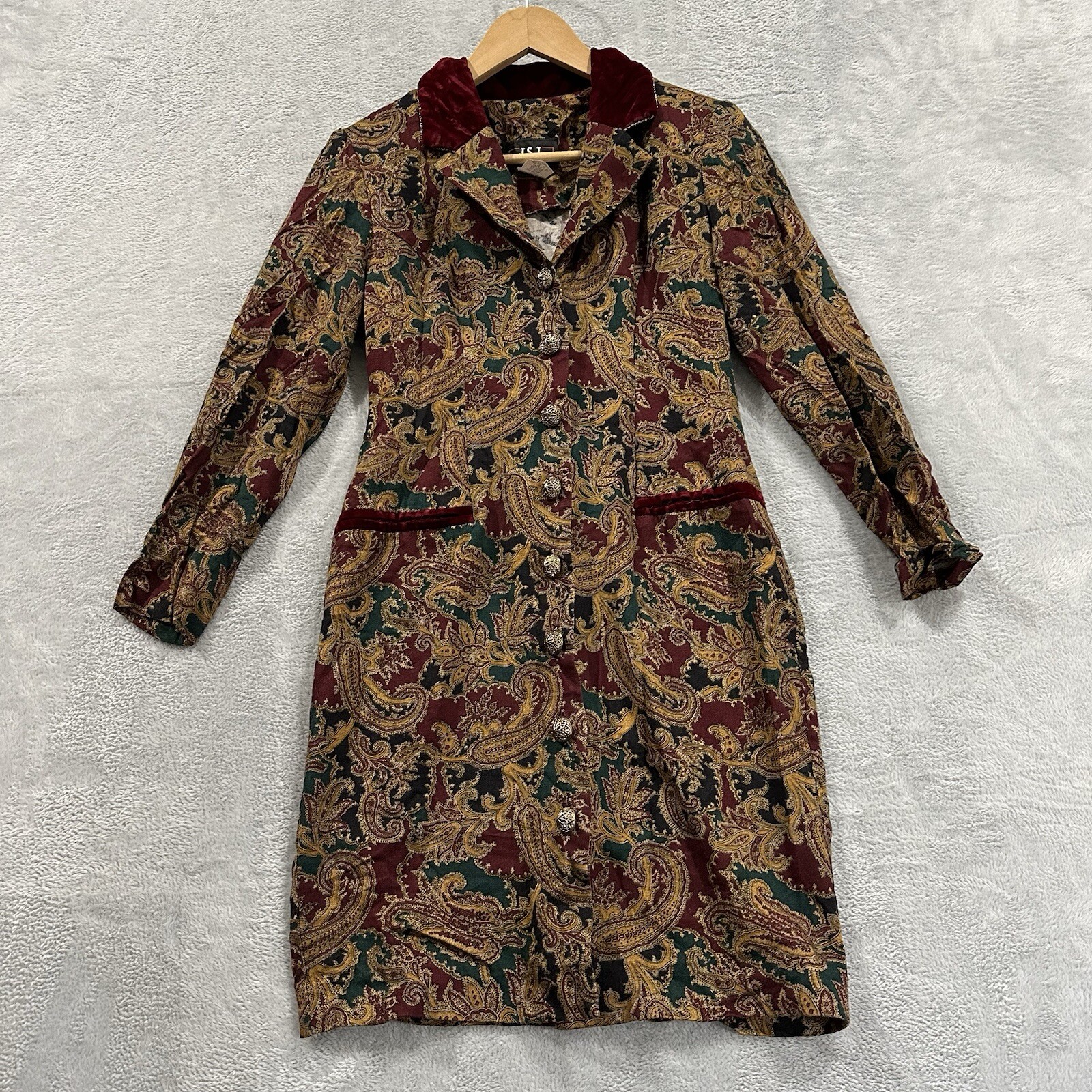 JSJ Button Dress Women 4 P Red Gold Vintage Victorian Boho Paisley