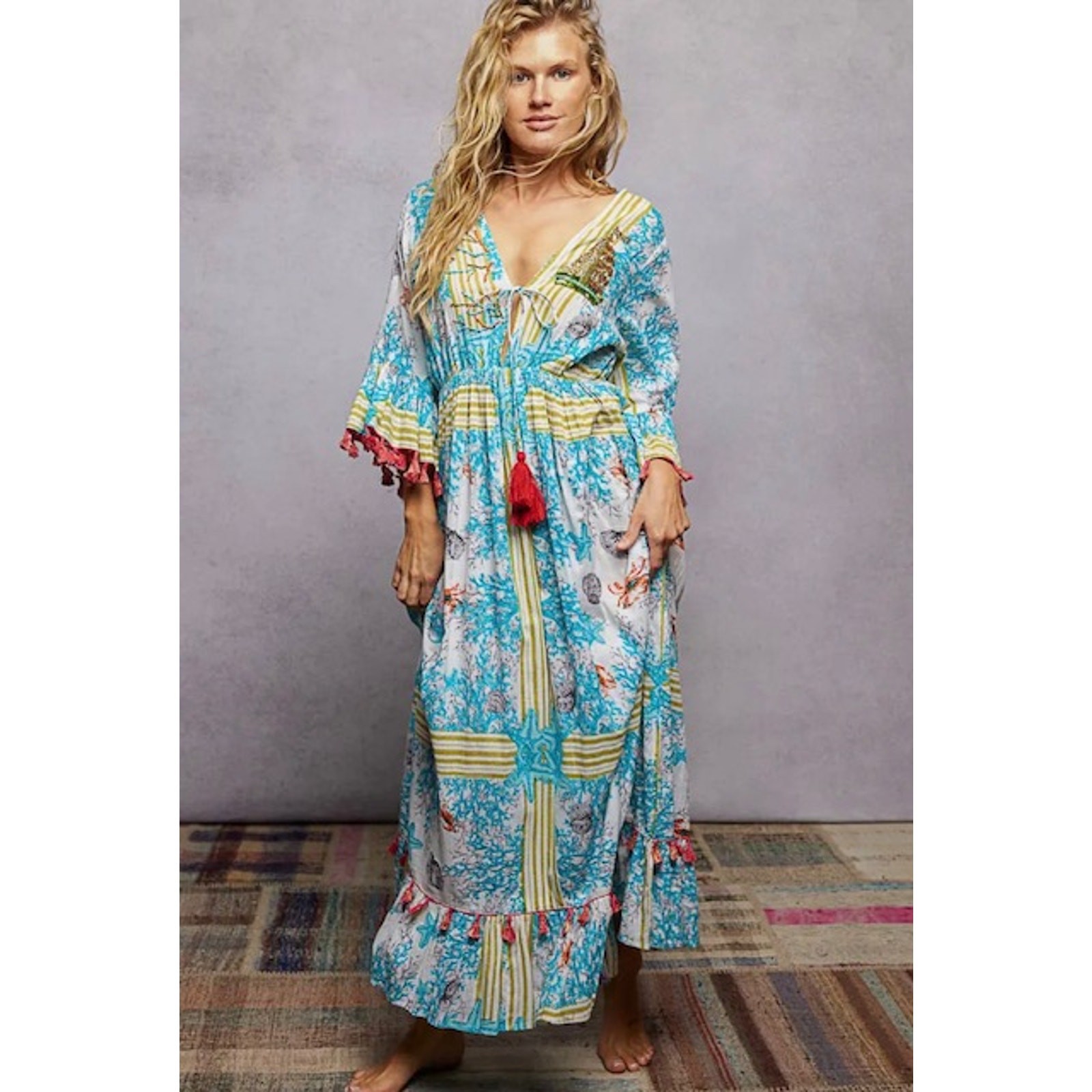 POL – Beach Inspired Pattern Ruffle Sleeve Tassel Maxi Dress – Large