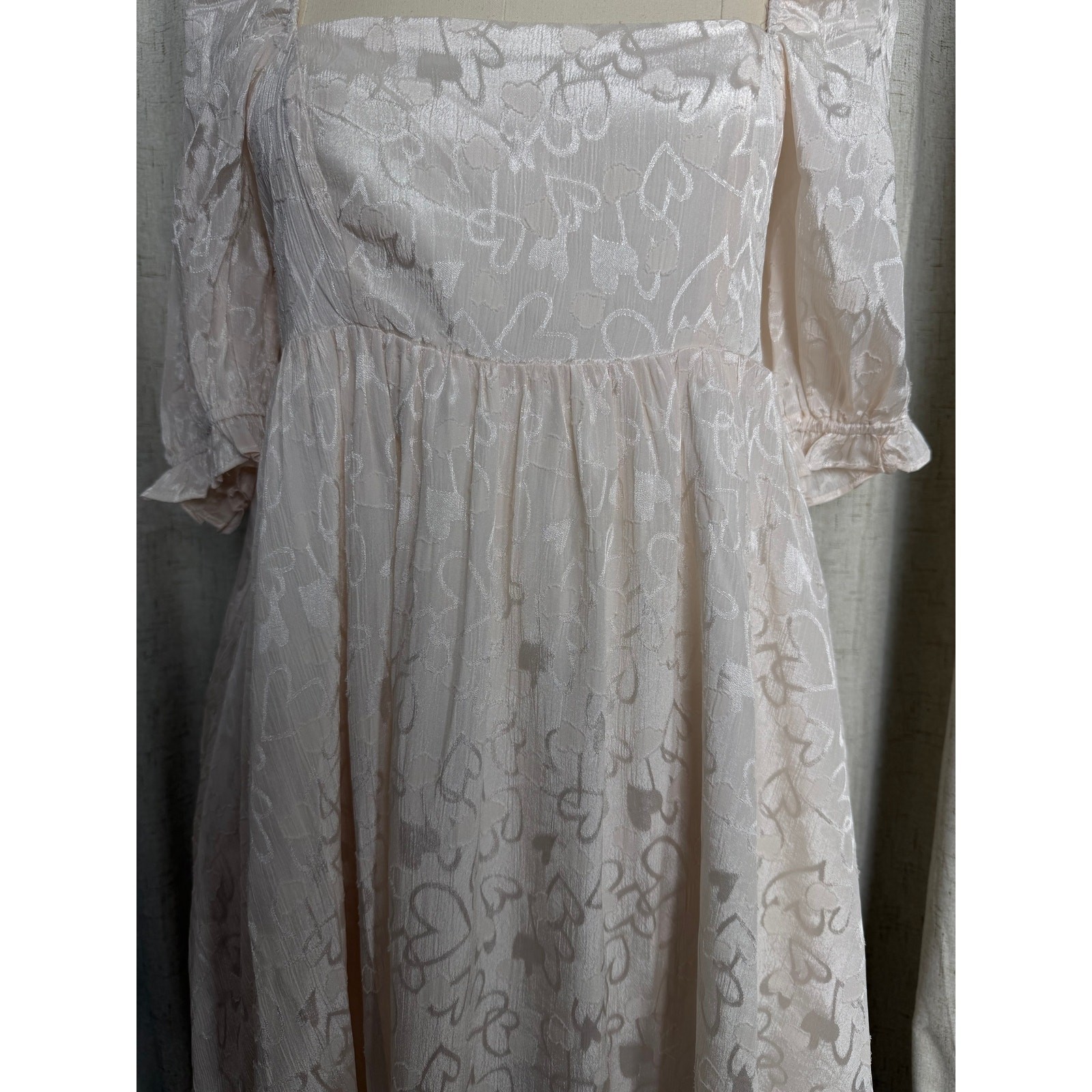 Ivory Blush Heart Jacquard Puff Sleeve Babydoll Mini Dress Size Small