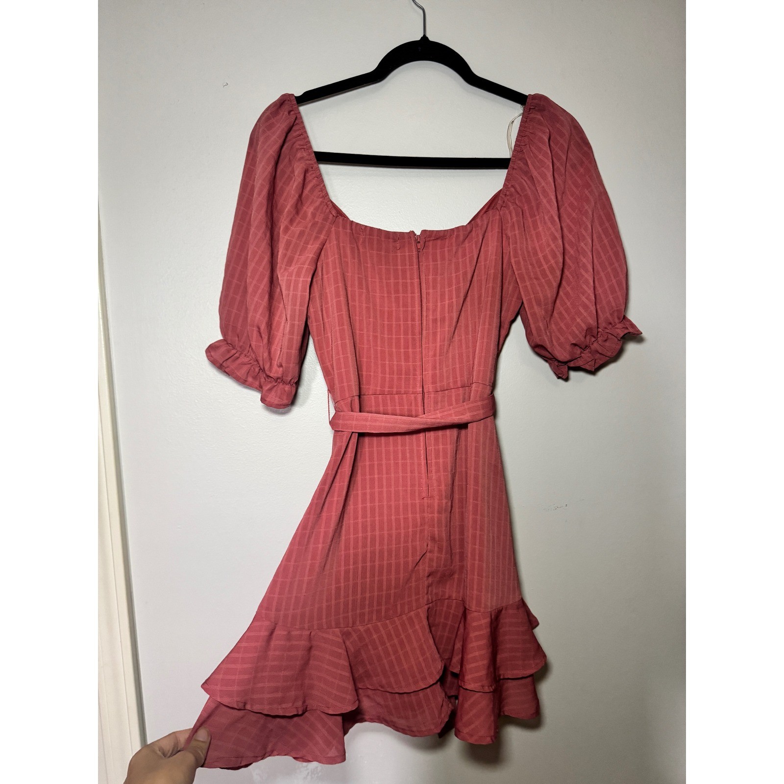 Altar’d State Pink Grid Ruffle Mini Dress Puff Sleeve Surplice Wrap 26BX54FCLI M