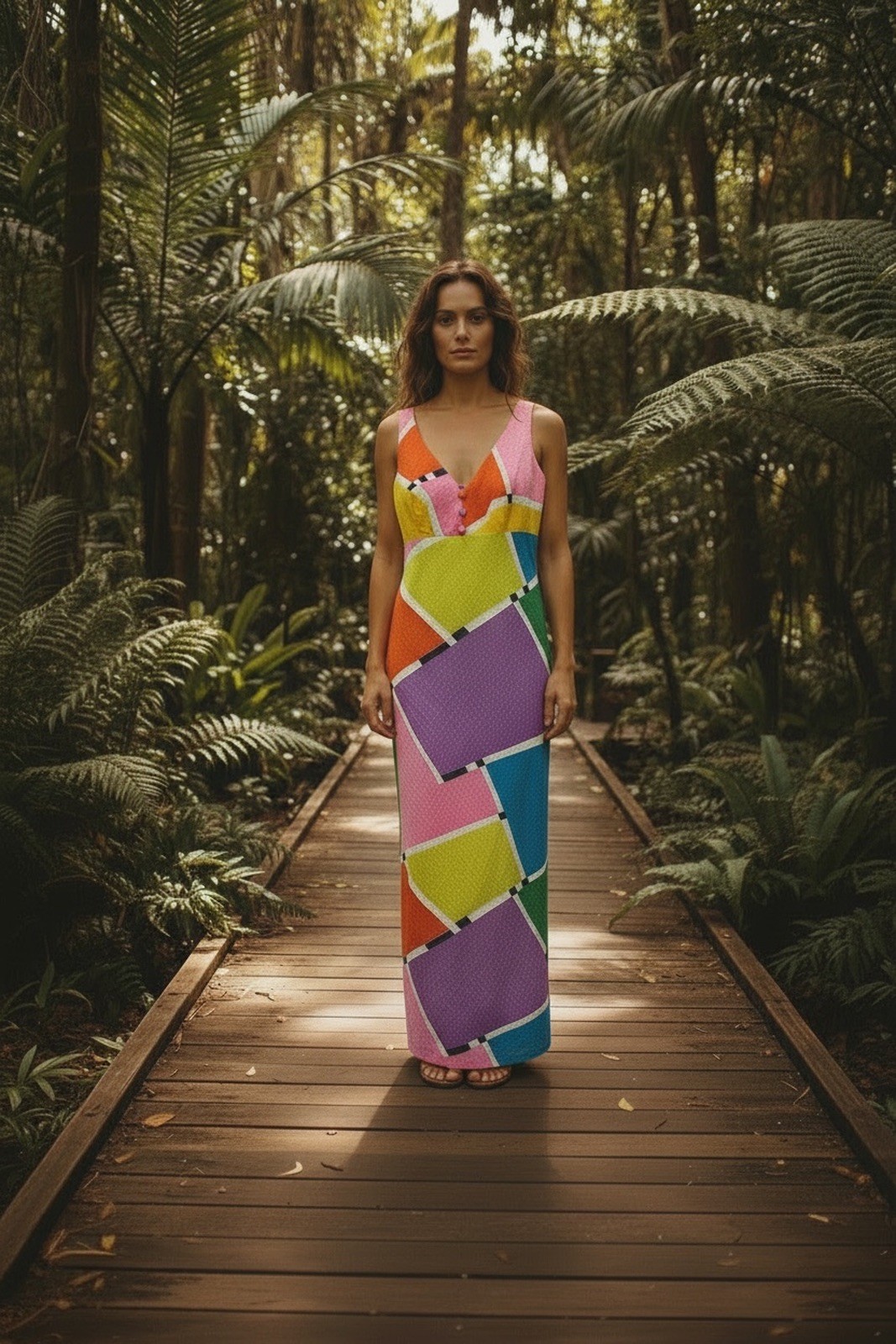 Tori Richard Vintage 60s 70s Hawaiian Maxi Dress Mod Geometric Print
